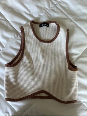 Olivaceous Cream Ribbed Crop Tank with Brown Trim